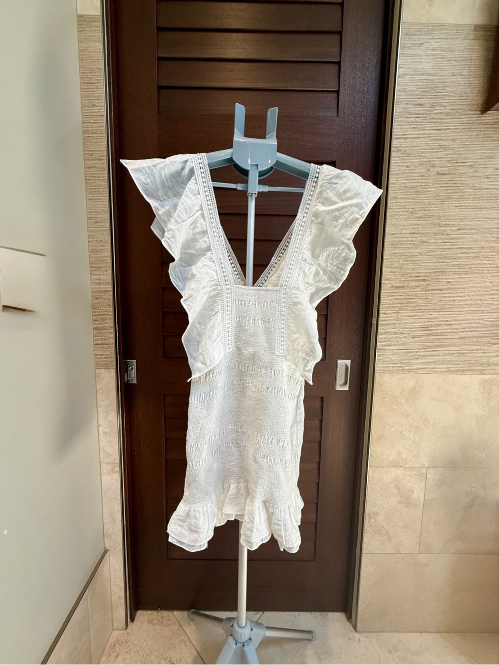 White Smocked Ruffle Mini Dress Size Small Tunic Cover Up